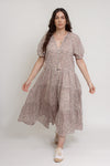 Floral button down tiered midi dress, with puff sleeves, in beige pink cream. Image 2