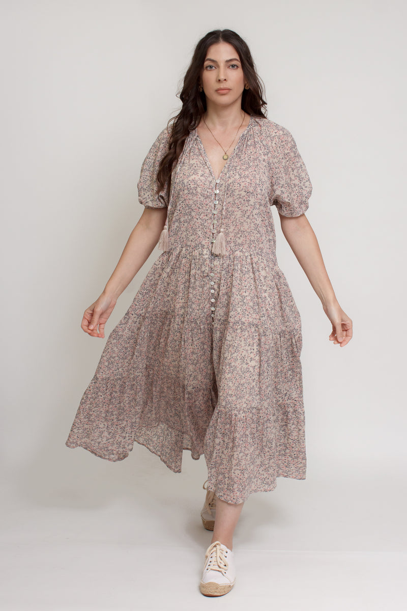 Floral button down tiered midi dress, with puff sleeves, in beige pink cream. Image 2