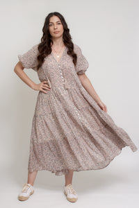 Floral button down tiered midi dress, with puff sleeves, in beige pink cream. Image 3