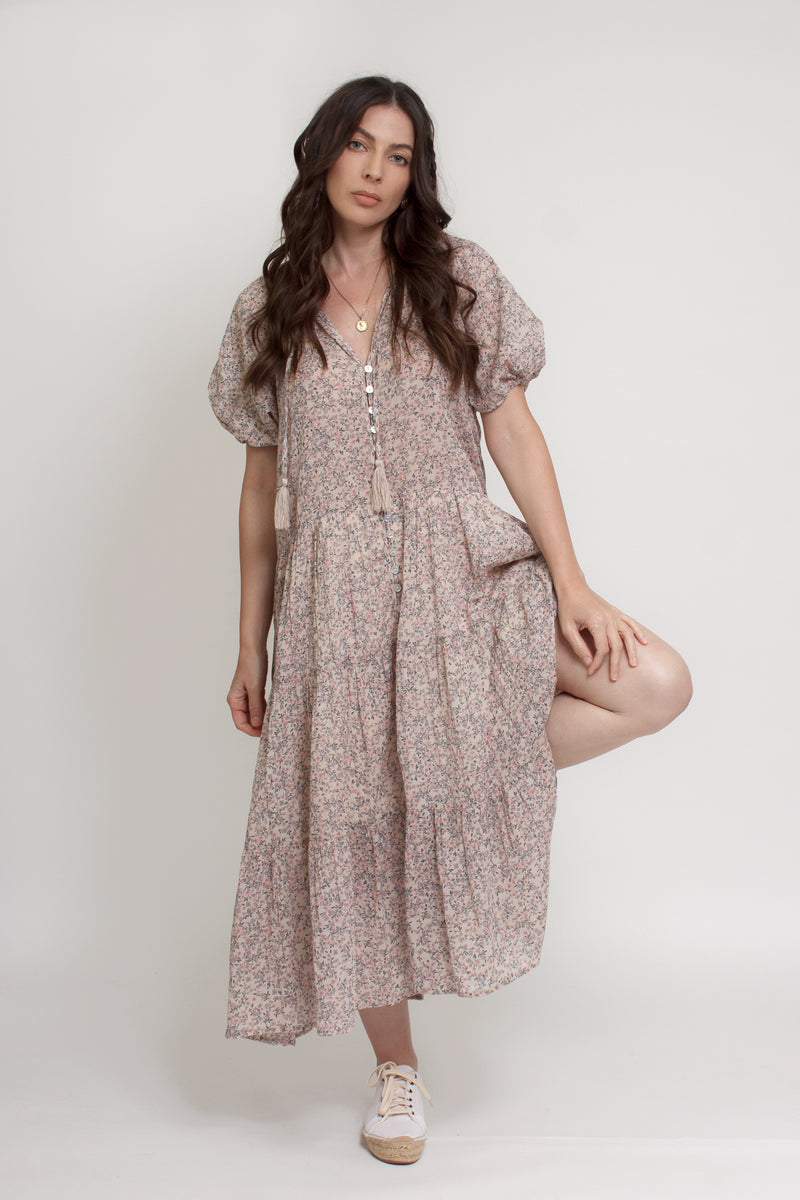 Floral button down tiered midi dress, with puff sleeves, in beige pink cream. Image 4