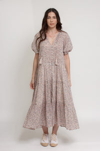 Floral button down tiered midi dress, with puff sleeves, in beige pink cream. Image 5