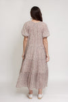 Floral button down tiered midi dress, with puff sleeves, in beige pink cream. Image 6