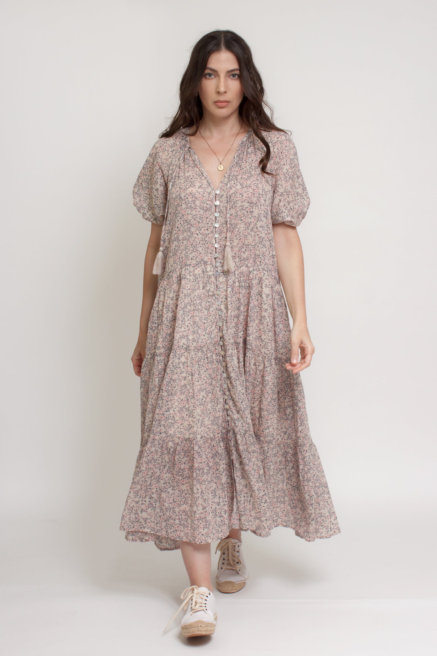 Floral button down tiered midi dress, with puff sleeves, in beige pink cream. Image 7
