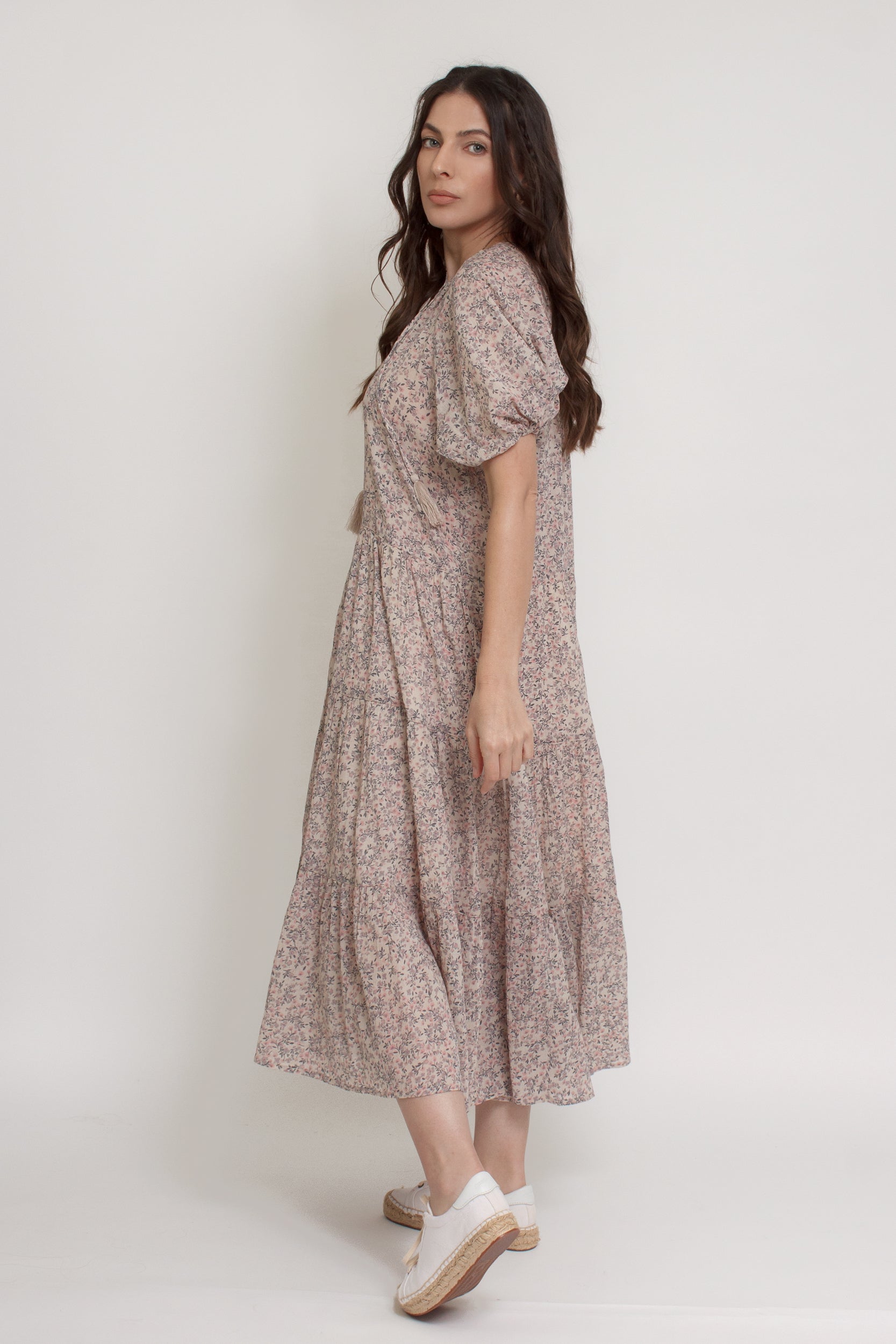 Floral button down tiered midi dress, with puff sleeves, in beige pink cream. Image 8