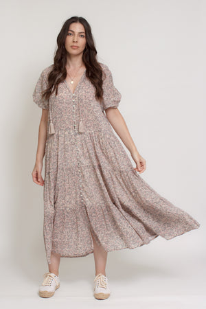 Floral button down tiered midi dress, with puff sleeves, in beige pink cream. Image 9