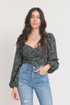 Floral bustier top with puff sleeves, in Green. Image 10