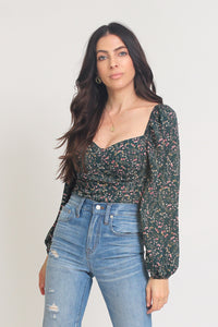 Floral bustier top with puff sleeves, in Green. Image 4