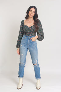 Floral bustier top with puff sleeves, in Green. Image 6