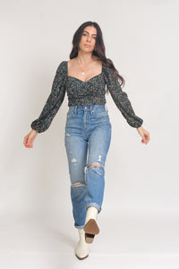 Floral bustier top with puff sleeves, in Green. Image 8