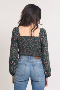 Floral bustier top with puff sleeves, in Green. Image 9