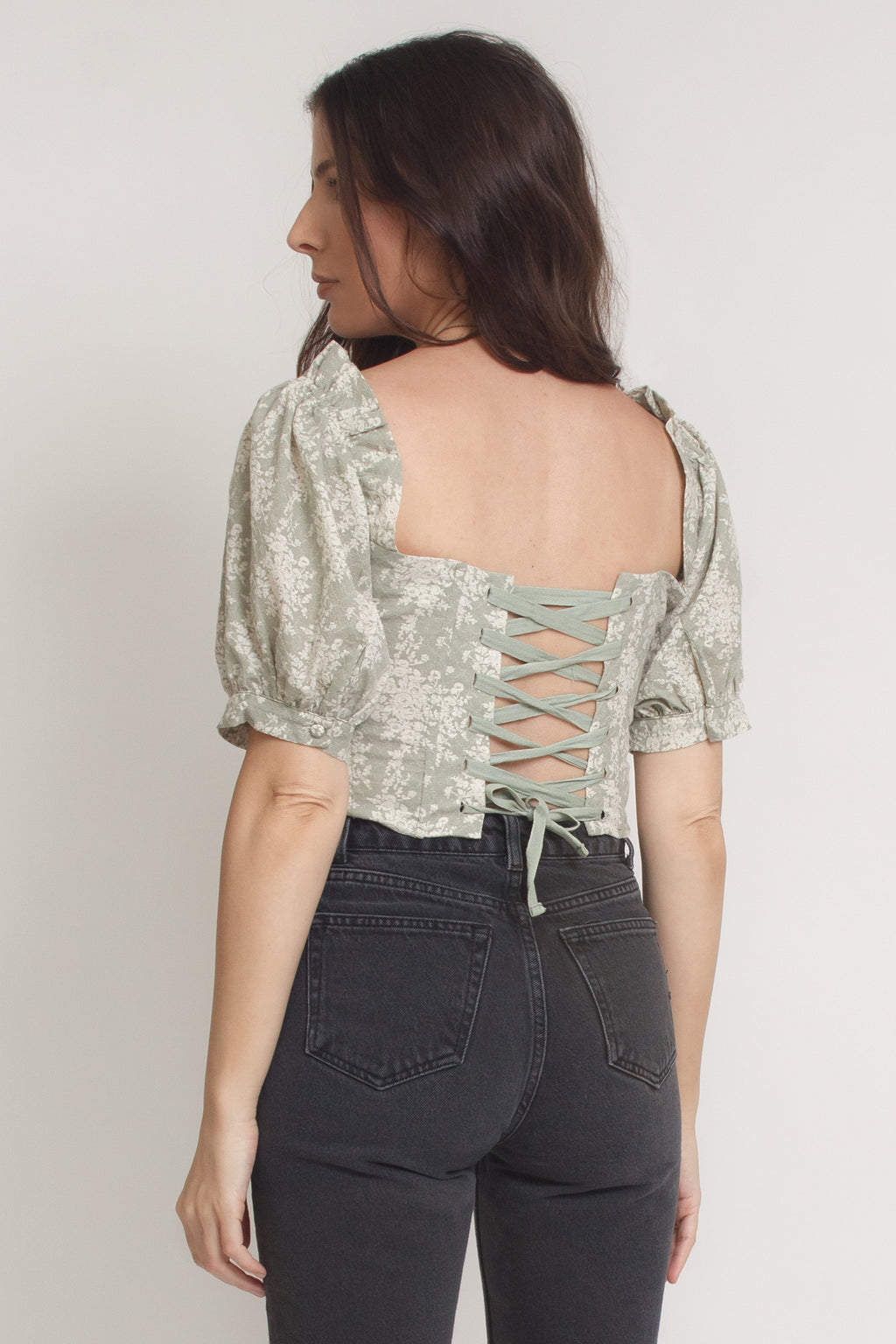 Puff sleeve floral corset top, in sage cream. Image 8