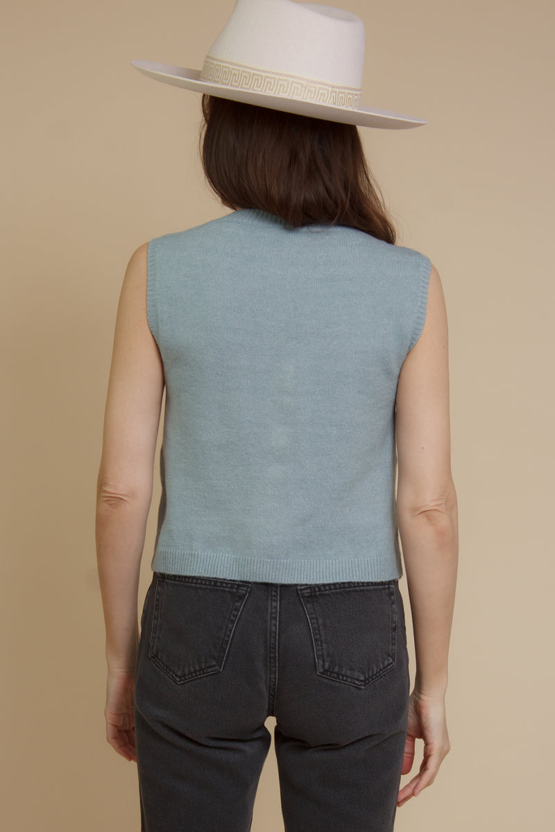 Button front sweater vest, in blue.