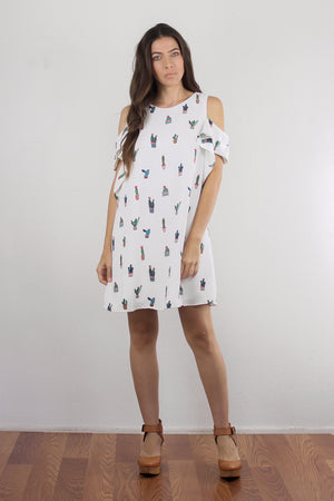Cactus print mini dress, in white.