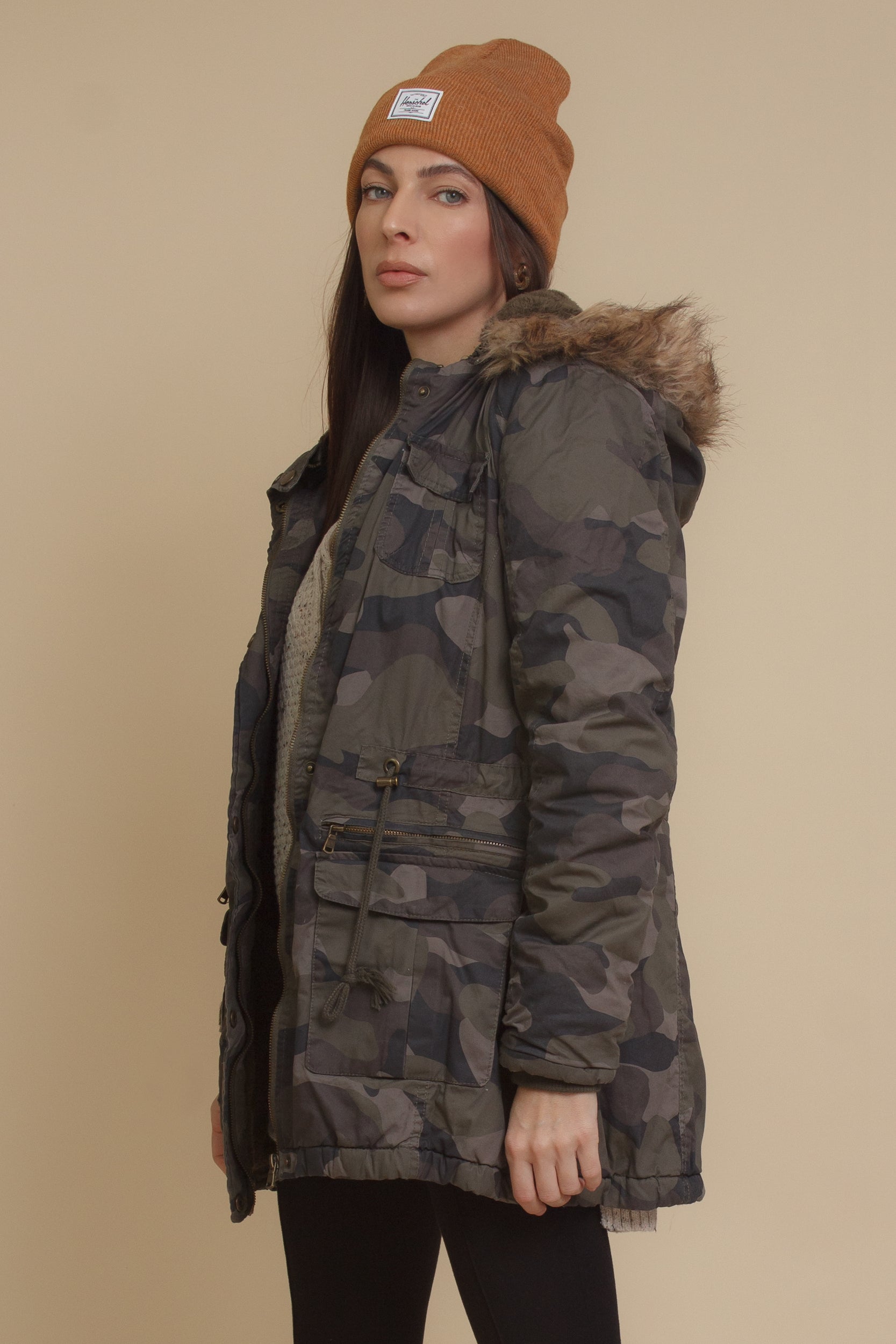 Camouflage coat hotsell with fur