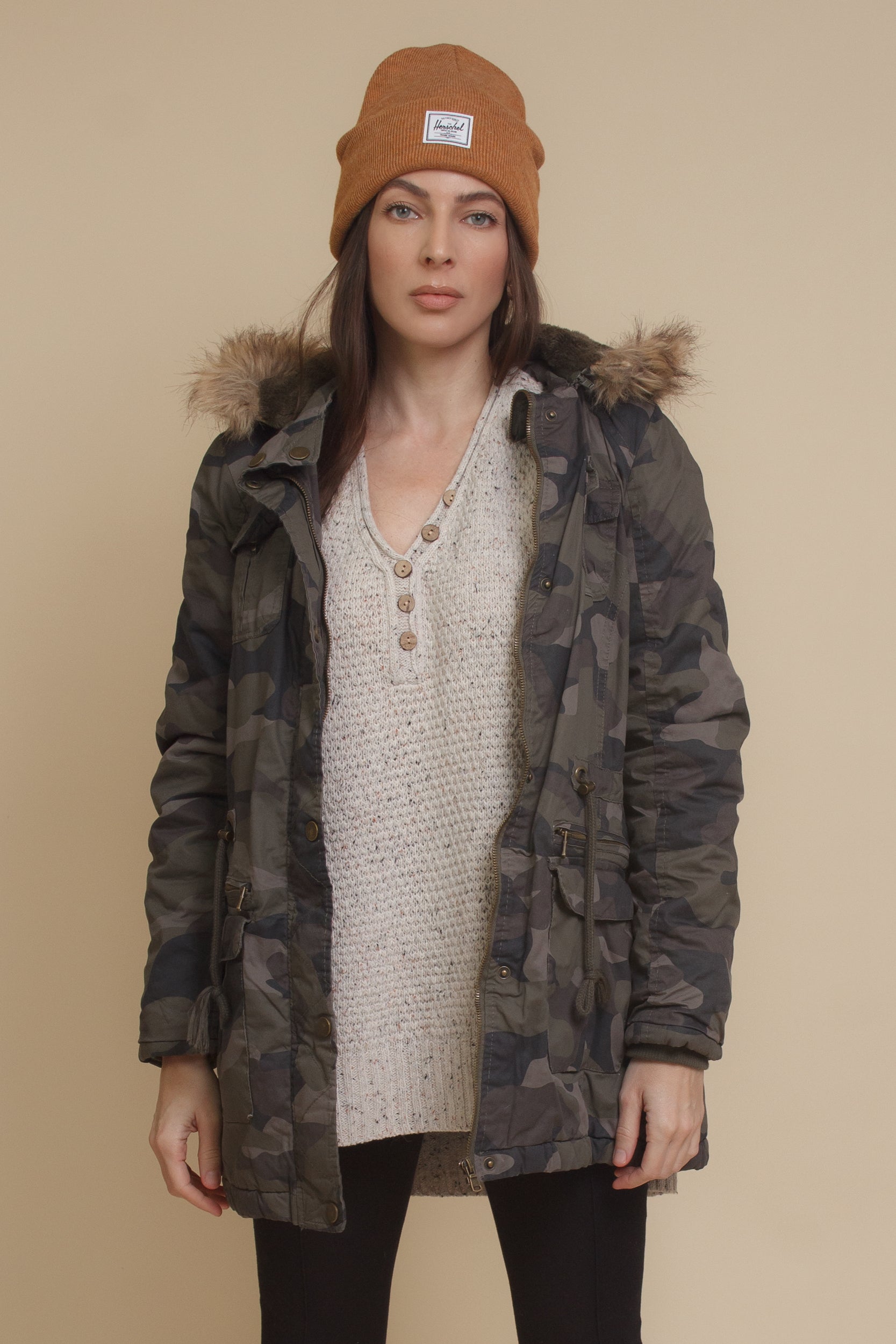 Camouflage coat with fur trim hood. Image 11