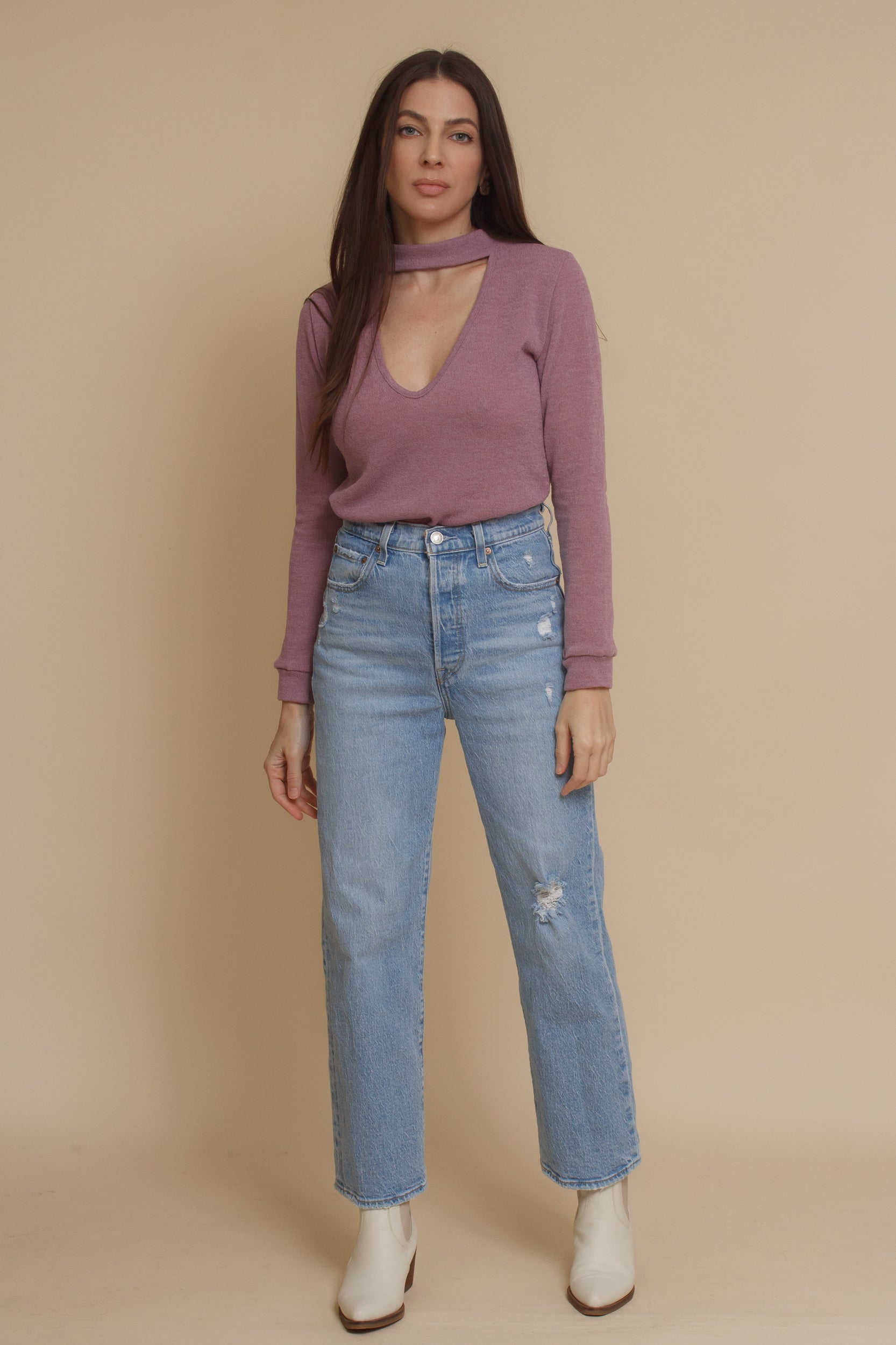 Knit top with choker cut out neckline, in mauve. Image 10