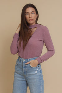 Knit top with choker cut out neckline, in mauve. Image 11