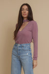 Knit top with choker cut out neckline, in mauve. Image 13