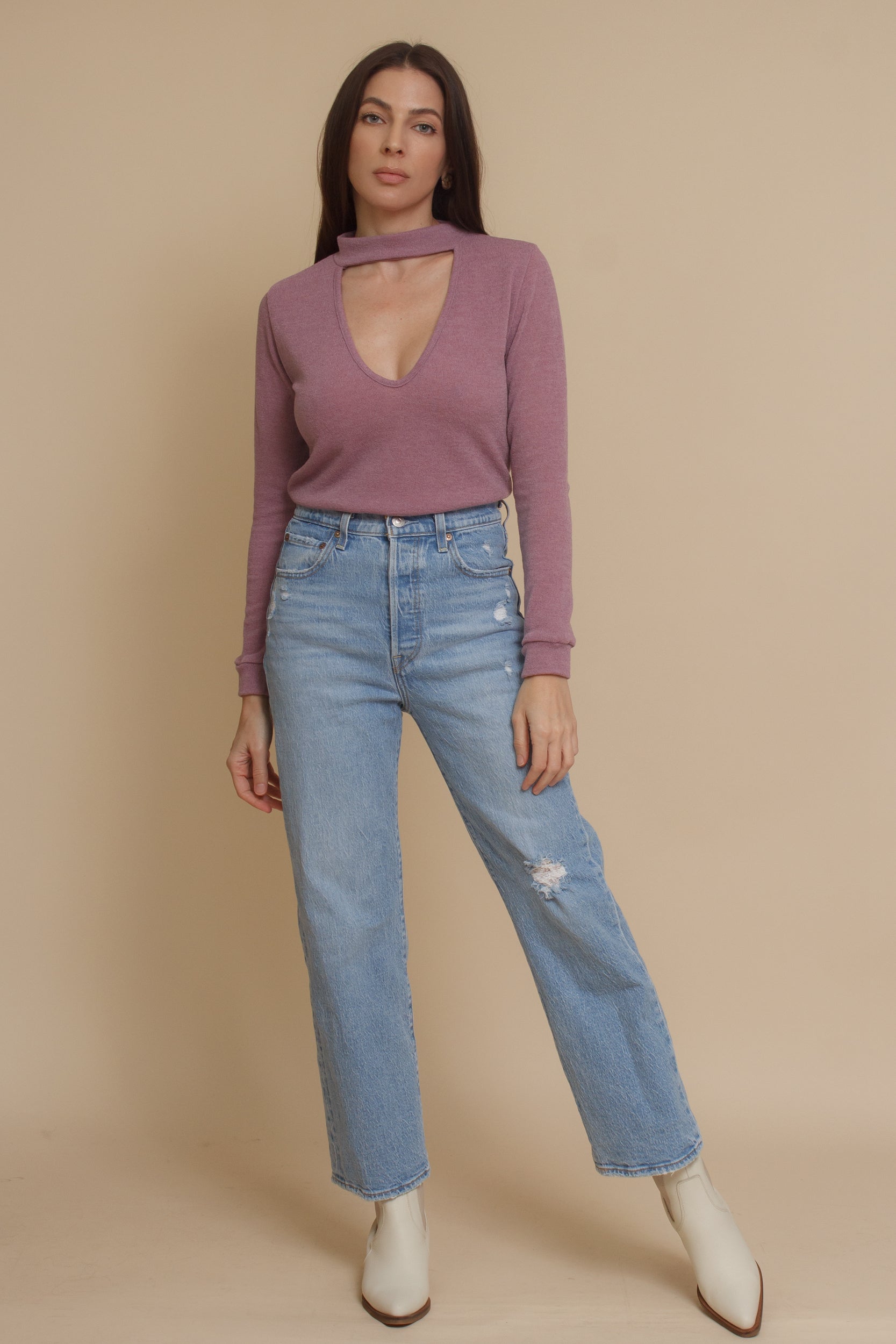Knit top with choker cut out neckline, in mauve. Image 14