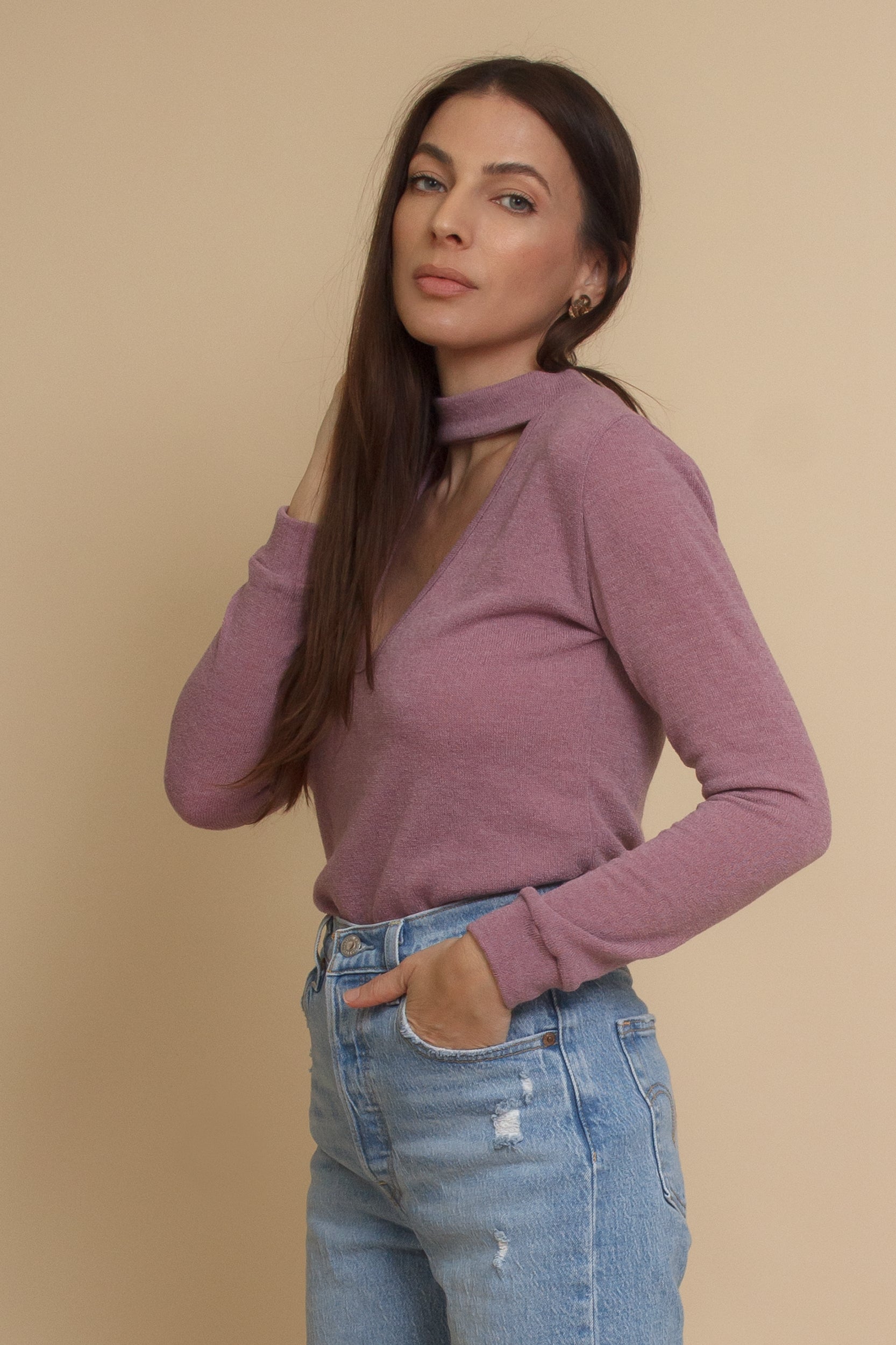 Knit top with choker cut out neckline, in mauve. Image 2