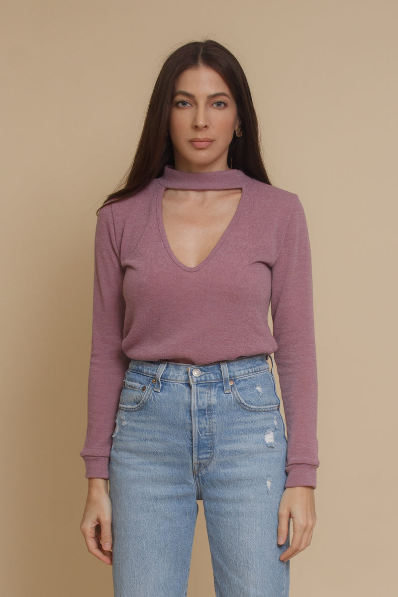Knit top with choker cut out neckline, in mauve. Image 4