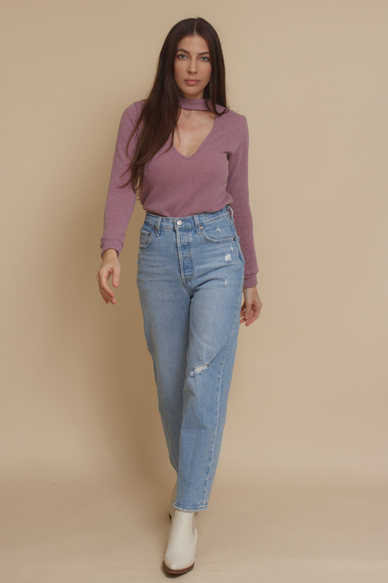 Knit top with choker cut out neckline, in mauve. Image 5