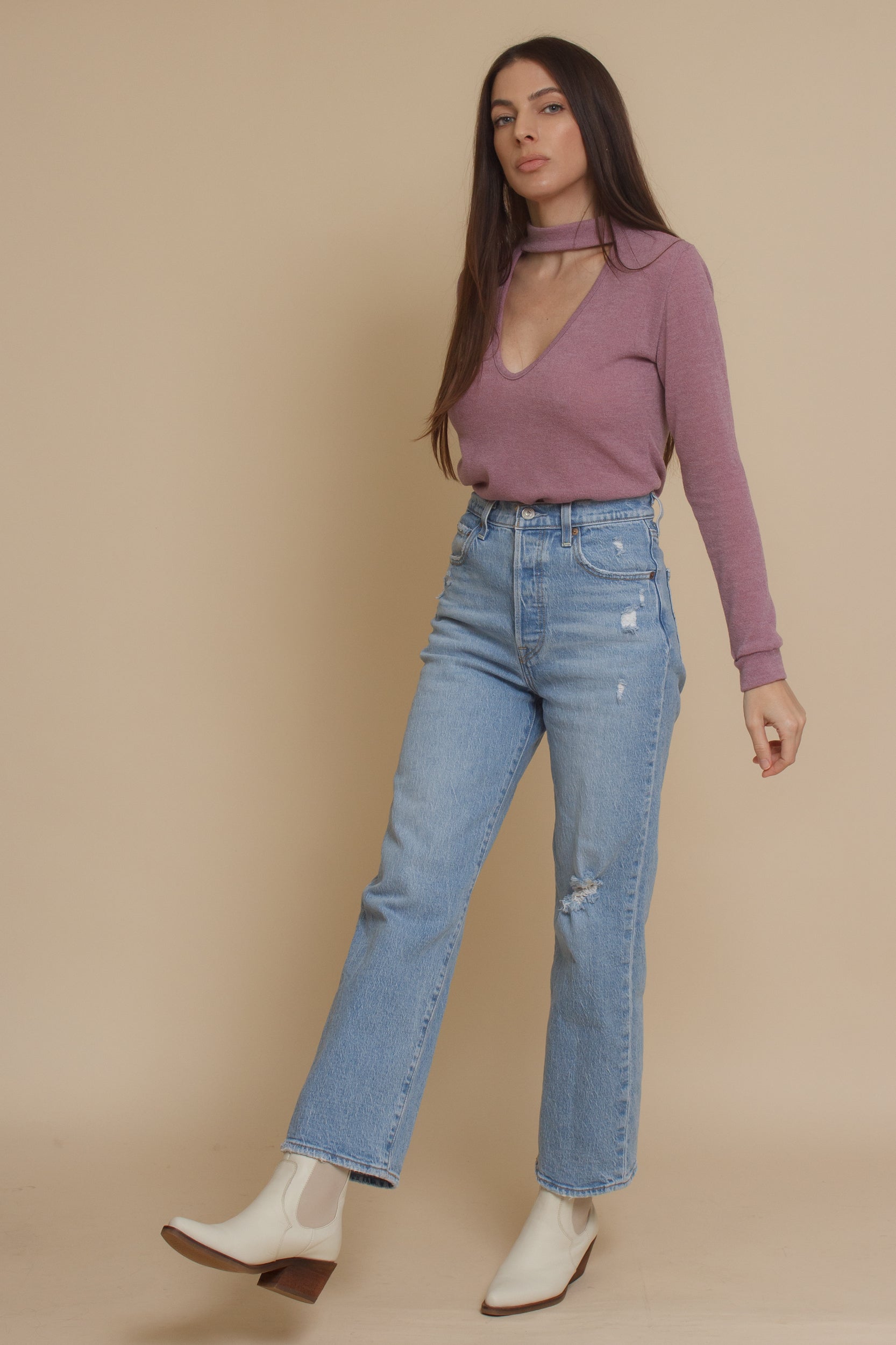 Knit top with choker cut out neckline, in mauve. Image 8