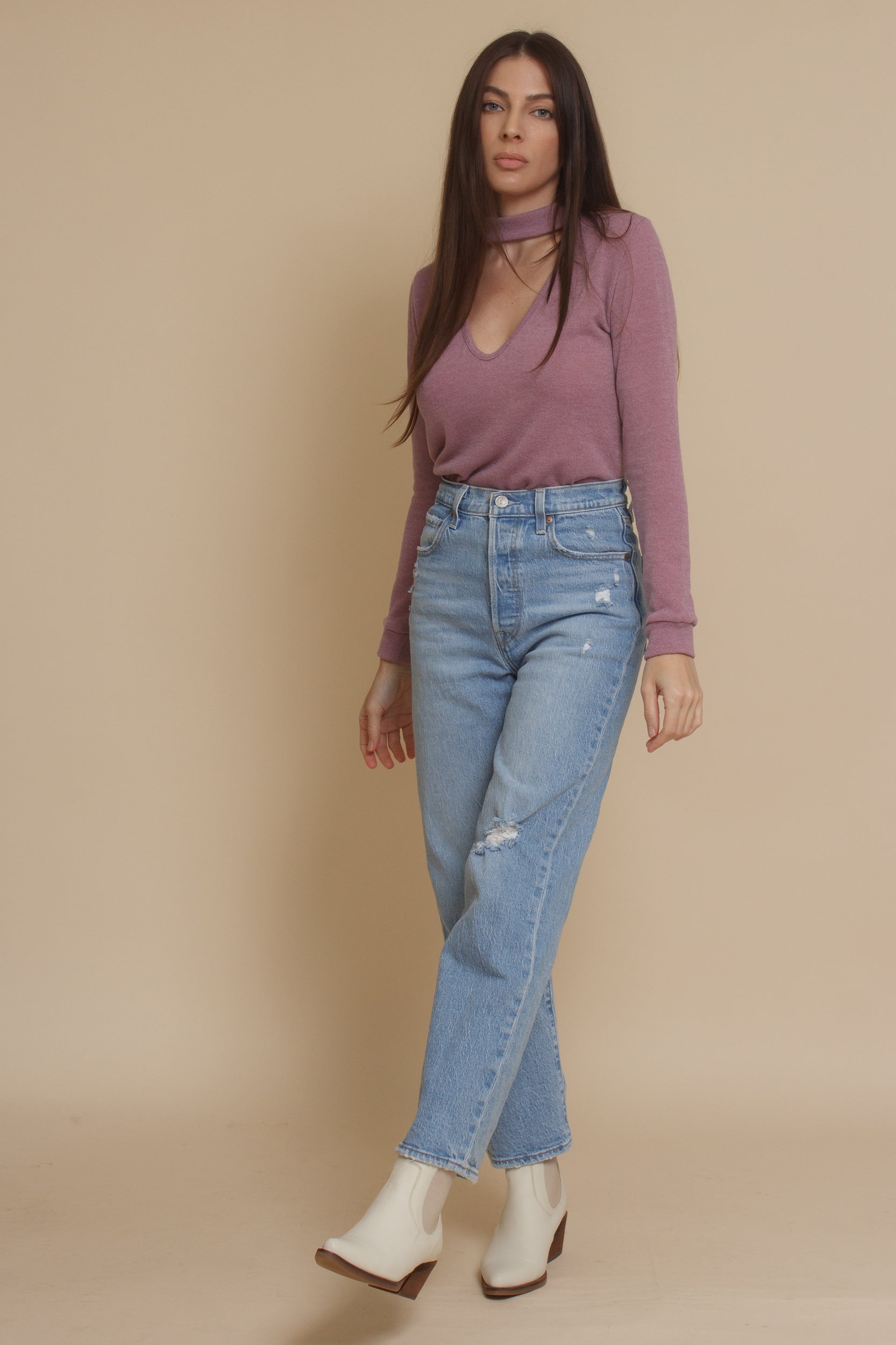 Knit top with choker cut out neckline, in mauve. Image 9