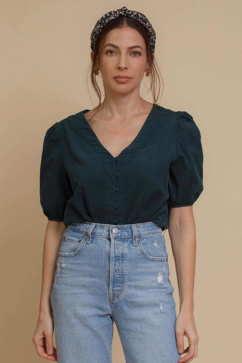Corduroy button front blouse with puff sleeves, in teal. Image 10