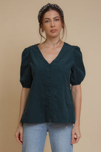 Corduroy button front blouse with puff sleeves, in teal. Image 2