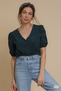 Corduroy button front blouse with puff sleeves, in teal. Image 4
