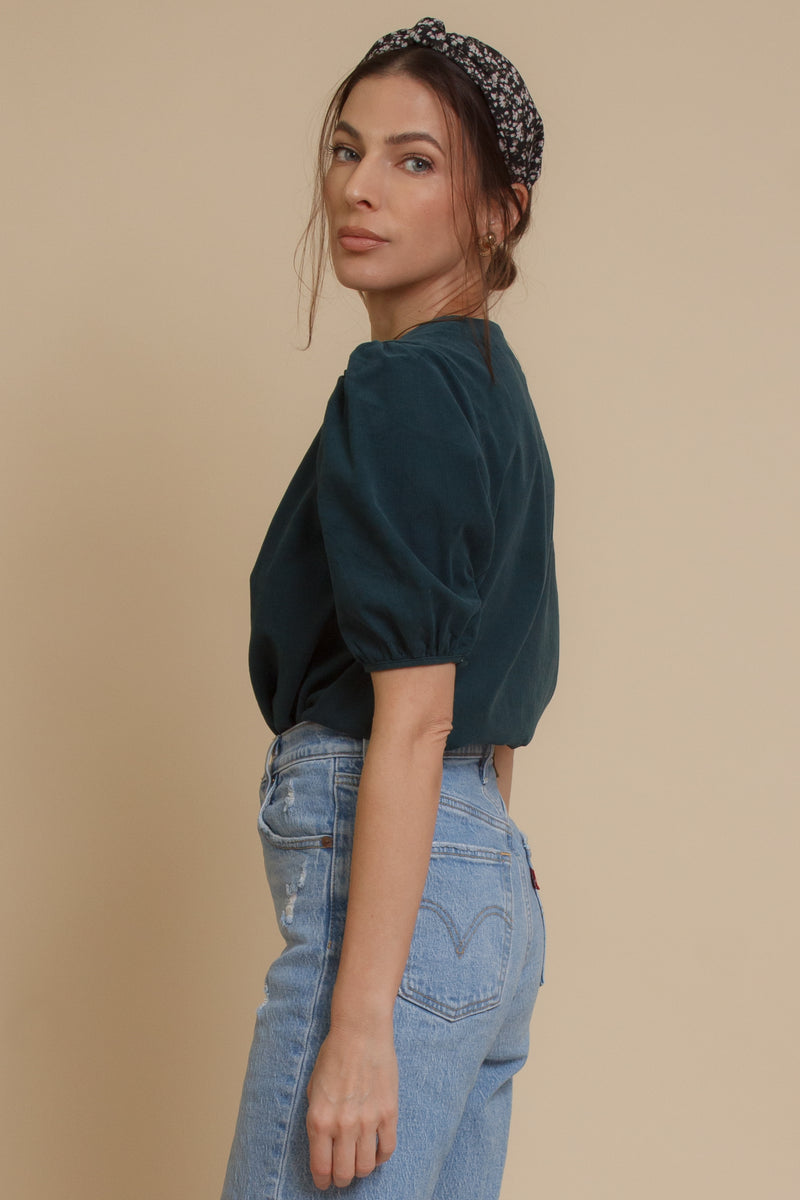 Corduroy button front blouse with puff sleeves, in teal. Image 5