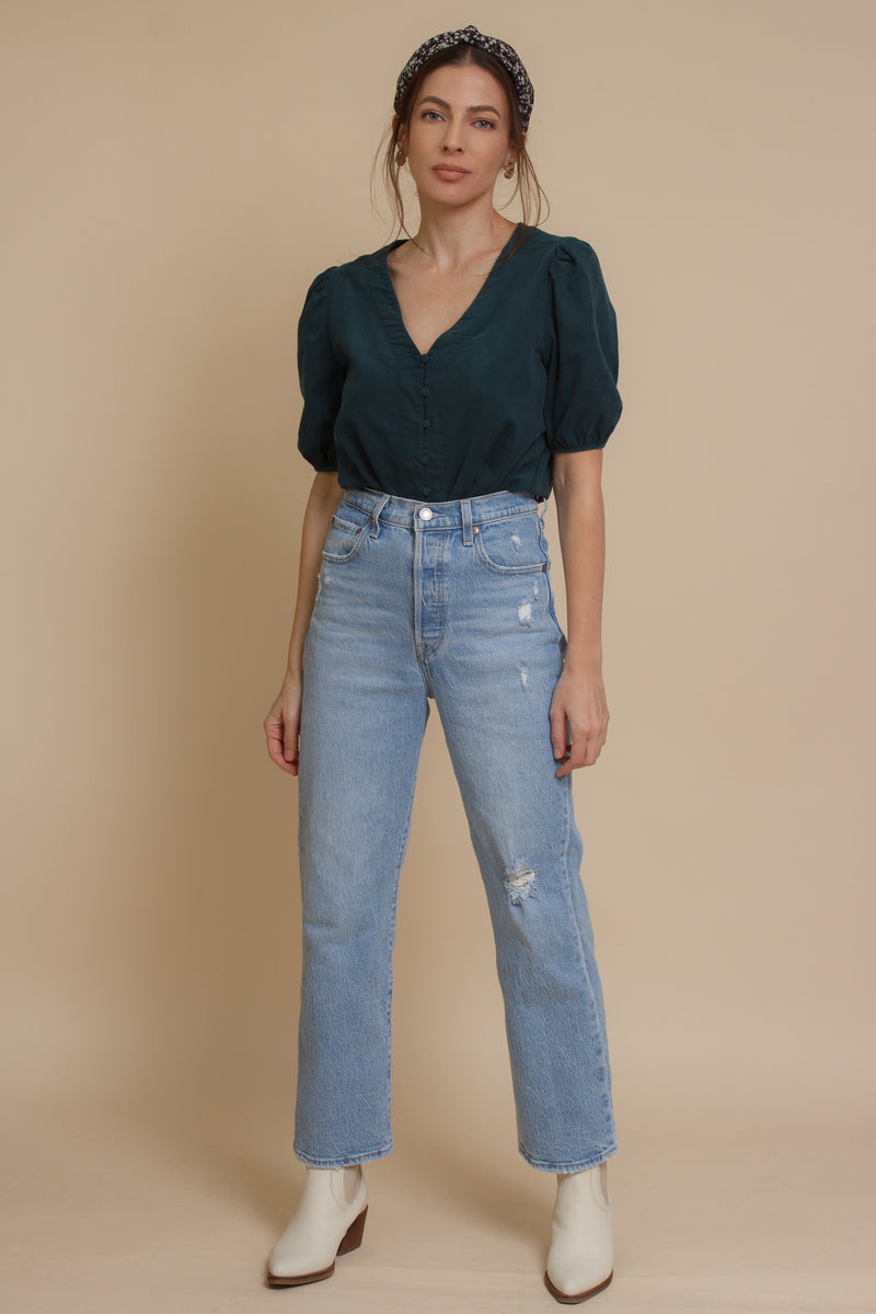 Corduroy button front blouse with puff sleeves, in teal. Image 6