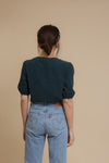 Corduroy button front blouse with puff sleeves, in teal. Image 7