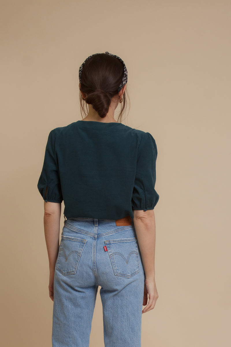 Corduroy button front blouse with puff sleeves, in teal. Image 7