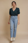 Corduroy button front blouse with puff sleeves, in teal. Image 8