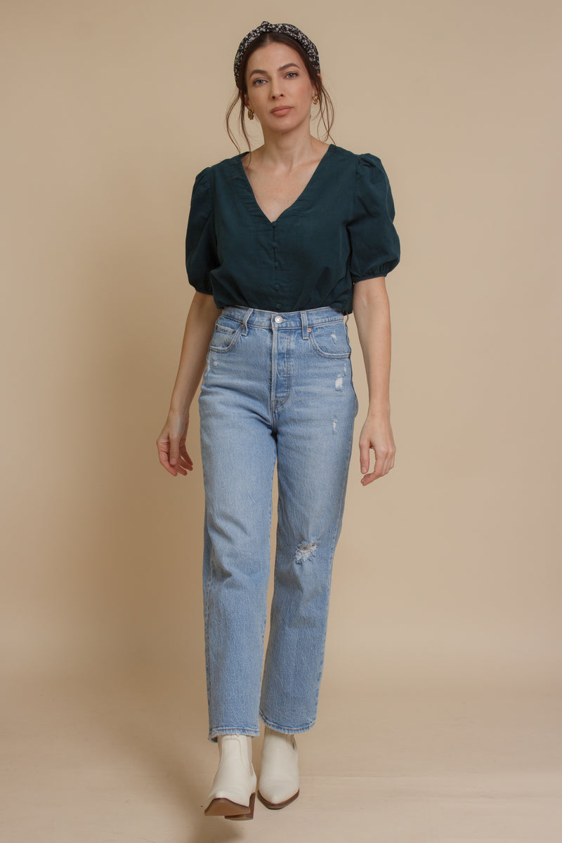 Corduroy button front blouse with puff sleeves, in teal. Image 8