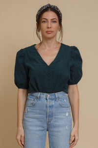 Corduroy button front blouse with puff sleeves, in teal. Image 9