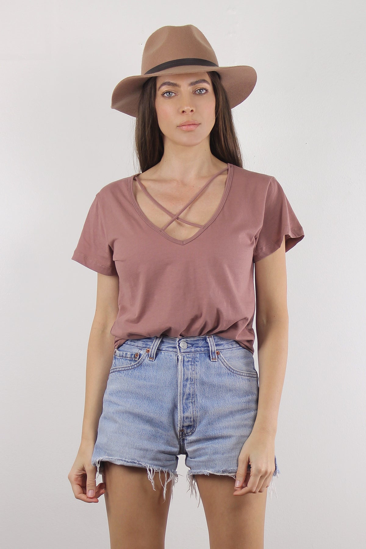 V-neck tee shirt with criss cross detail, in burl wood. Image 2