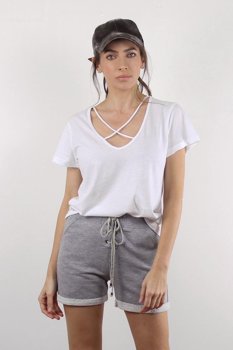 V-neck tee shirt with criss cross detail, in white. Image 4
