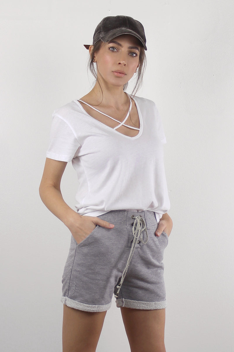 V-neck tee shirt with criss cross detail, in white. Image 6