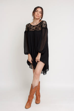Chiffon mini dress with crochet back, in black. Image 2