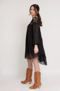 Chiffon mini dress with crochet back, in black. Image 10