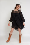 Chiffon mini dress with crochet back, in black. Image 12