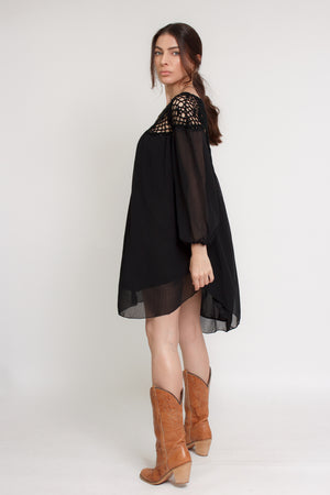 Chiffon mini dress with crochet back, in black. Image 13