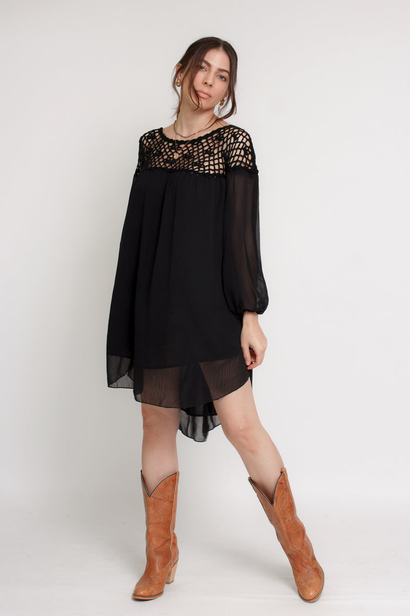 Chiffon mini dress with crochet back, in black. Image 3