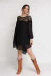 Chiffon mini dress with crochet back, in black. Image 3