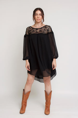 Chiffon mini dress with crochet back, in black. Image 4