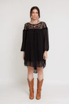Chiffon mini dress with crochet back, in black. Image 5