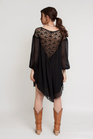 Chiffon mini dress with crochet back, in black. Image 6